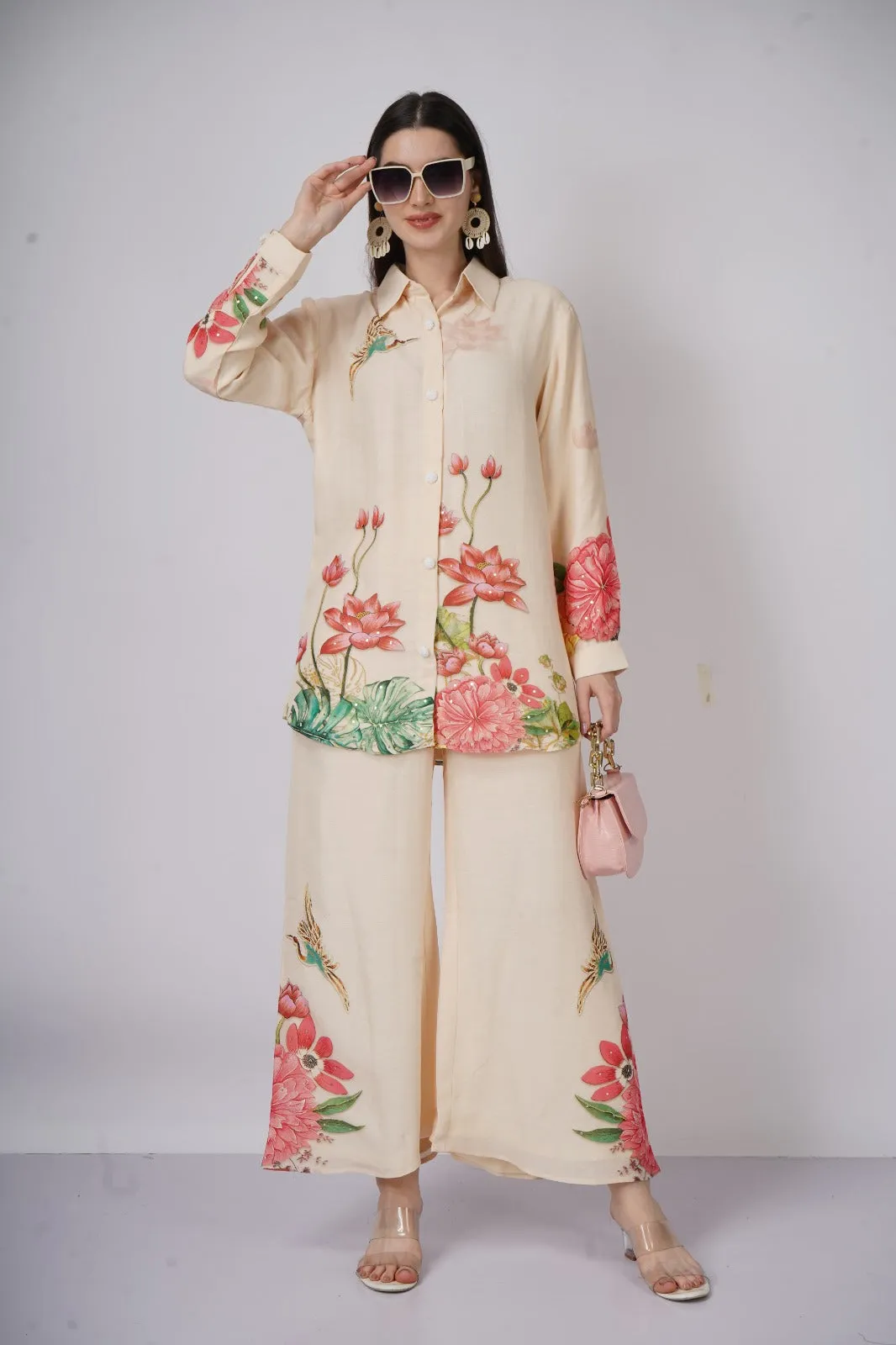 Cream Linen Floral Co ord Set