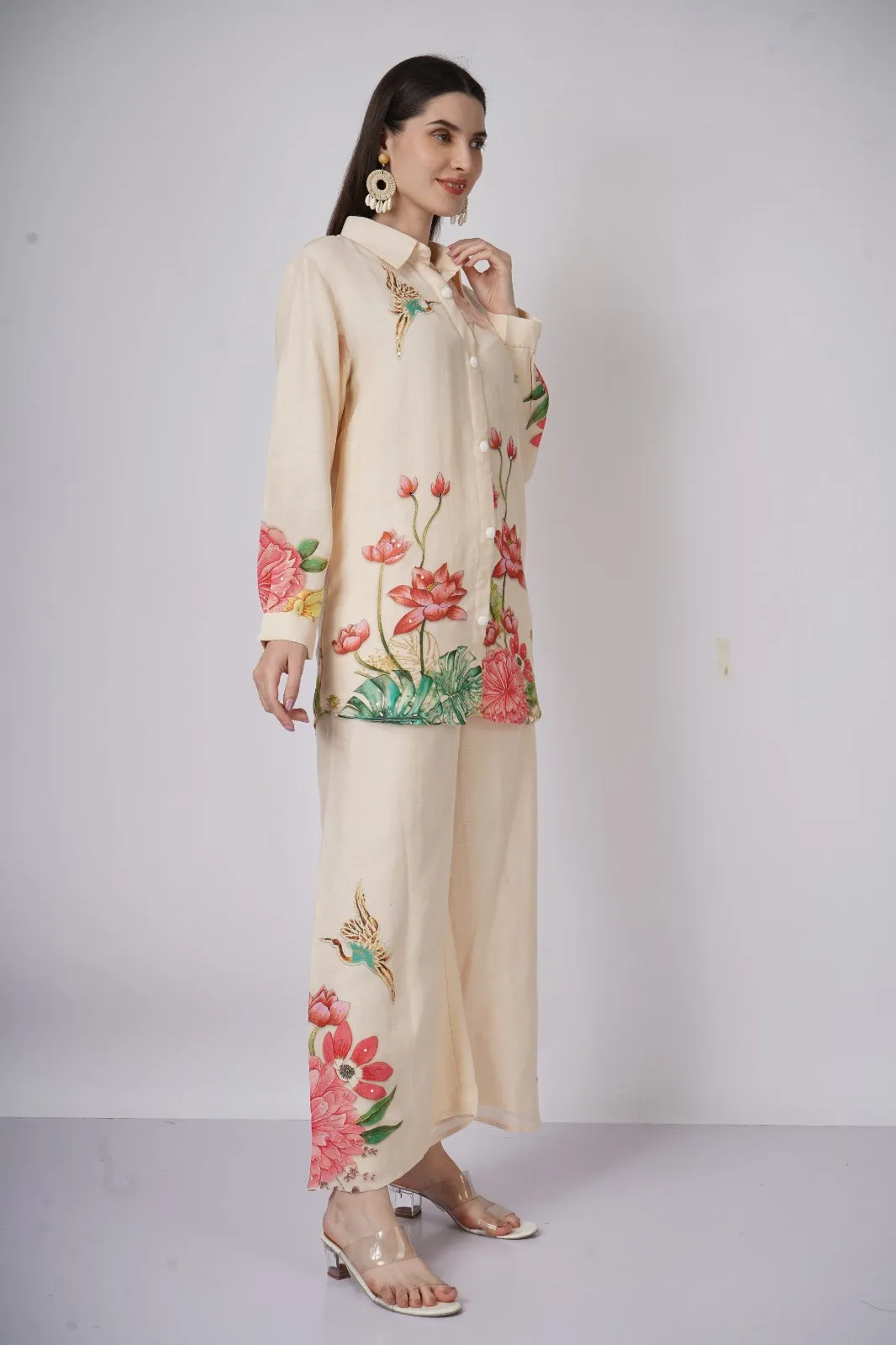 Cream Linen Floral Co ord Set