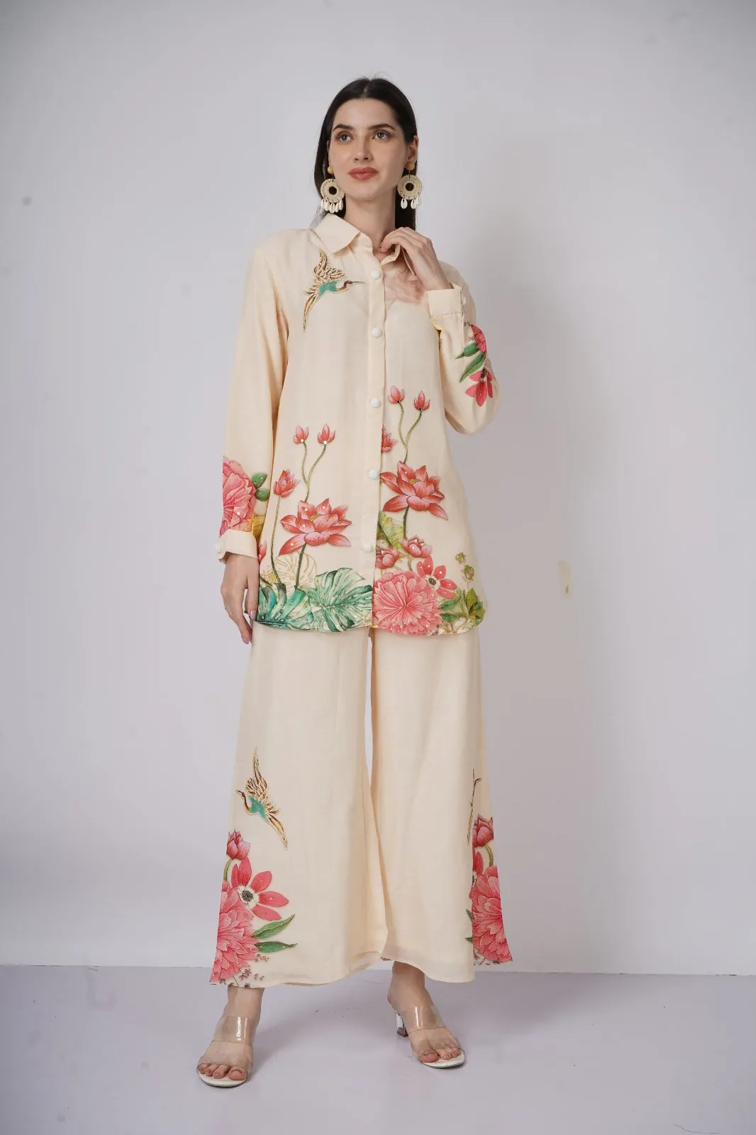 Cream Linen Floral Co ord Set