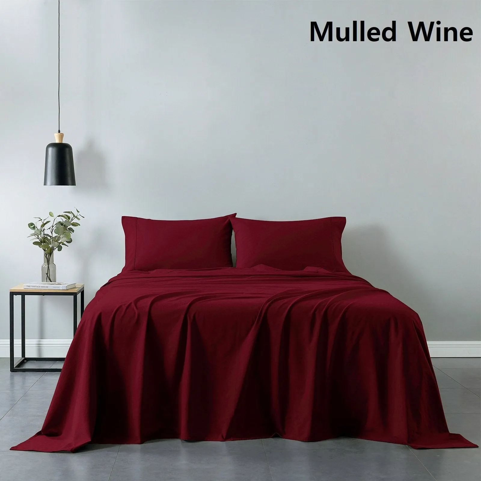 Royal Comfort Vintage Washed 100% Cotton Sheet Set Fitted Flat Sheet Pillowcases Queen Mulled Wine