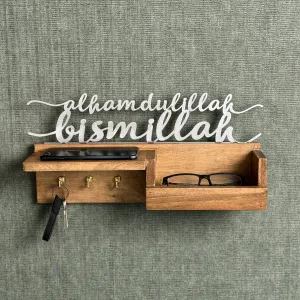 Wooden Key Holder for Wall - Bismillah and Alhamdulillah Design Muslim Home Decor